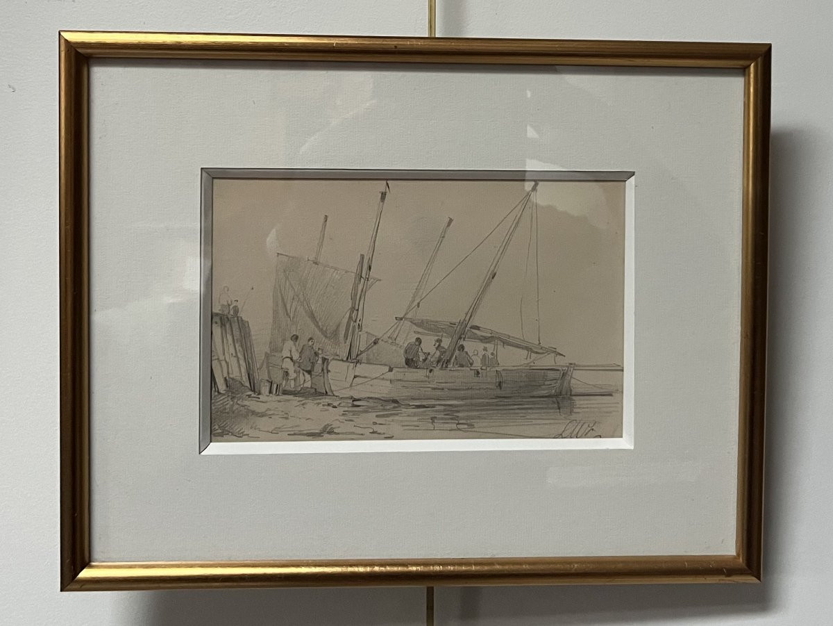 French School, 19th Century, Lw (?) Port Scene, Activity Around A Sailboat, Drawing-photo-7