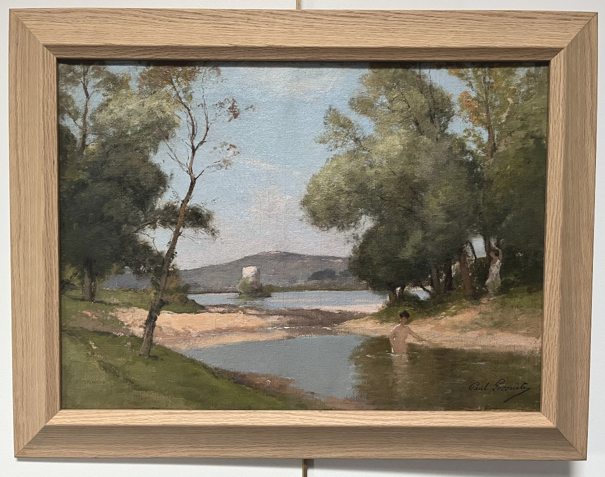 Paul Lecomte (1842-1920) Landscape With Bathers, Oil On Canvas, Signed-photo-2