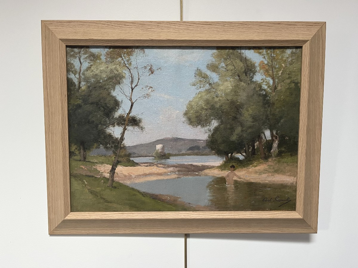 Paul Lecomte (1842-1920) Landscape With Bathers, Oil On Canvas, Signed-photo-3