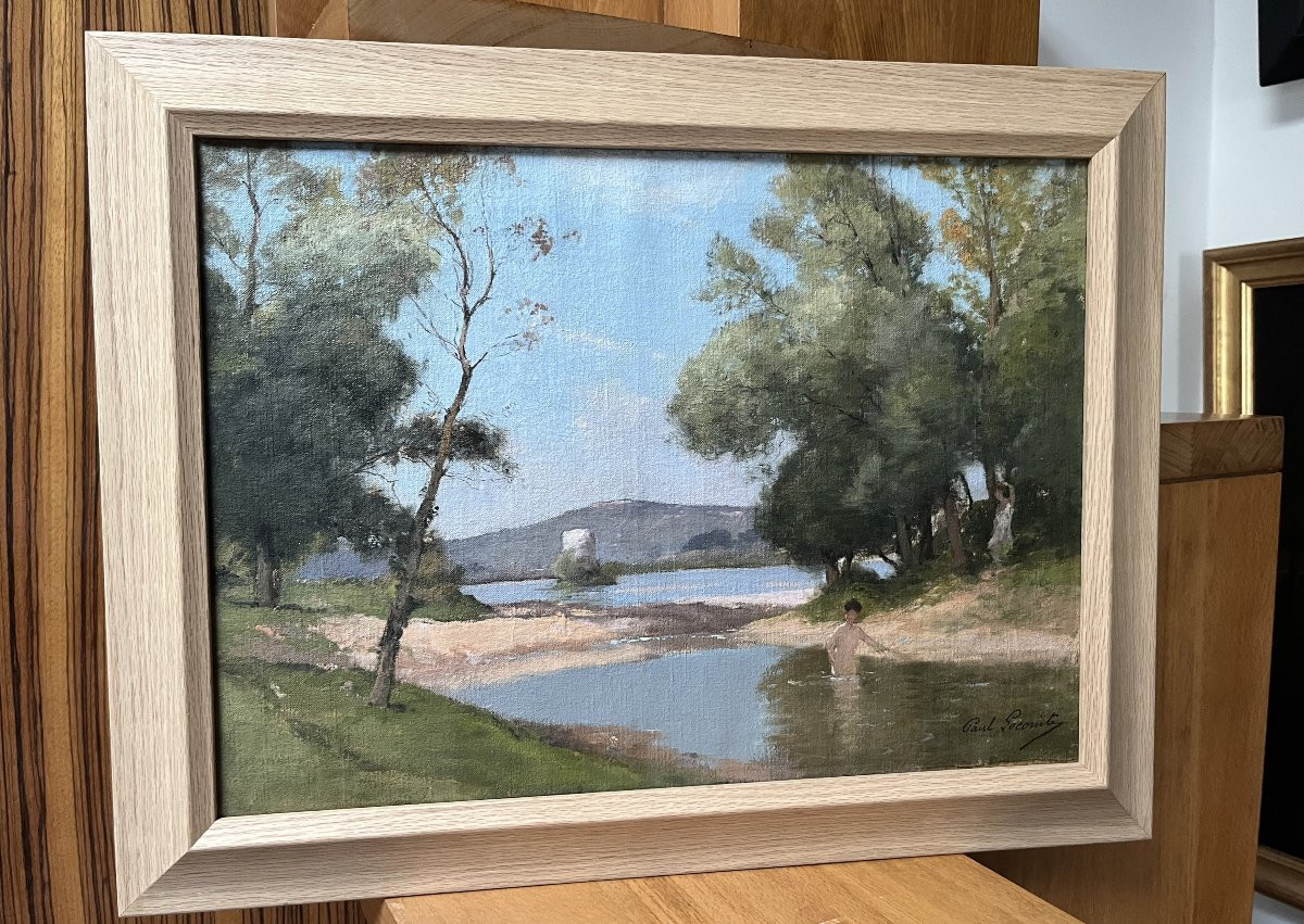 Paul Lecomte (1842-1920) Landscape With Bathers, Oil On Canvas, Signed-photo-2