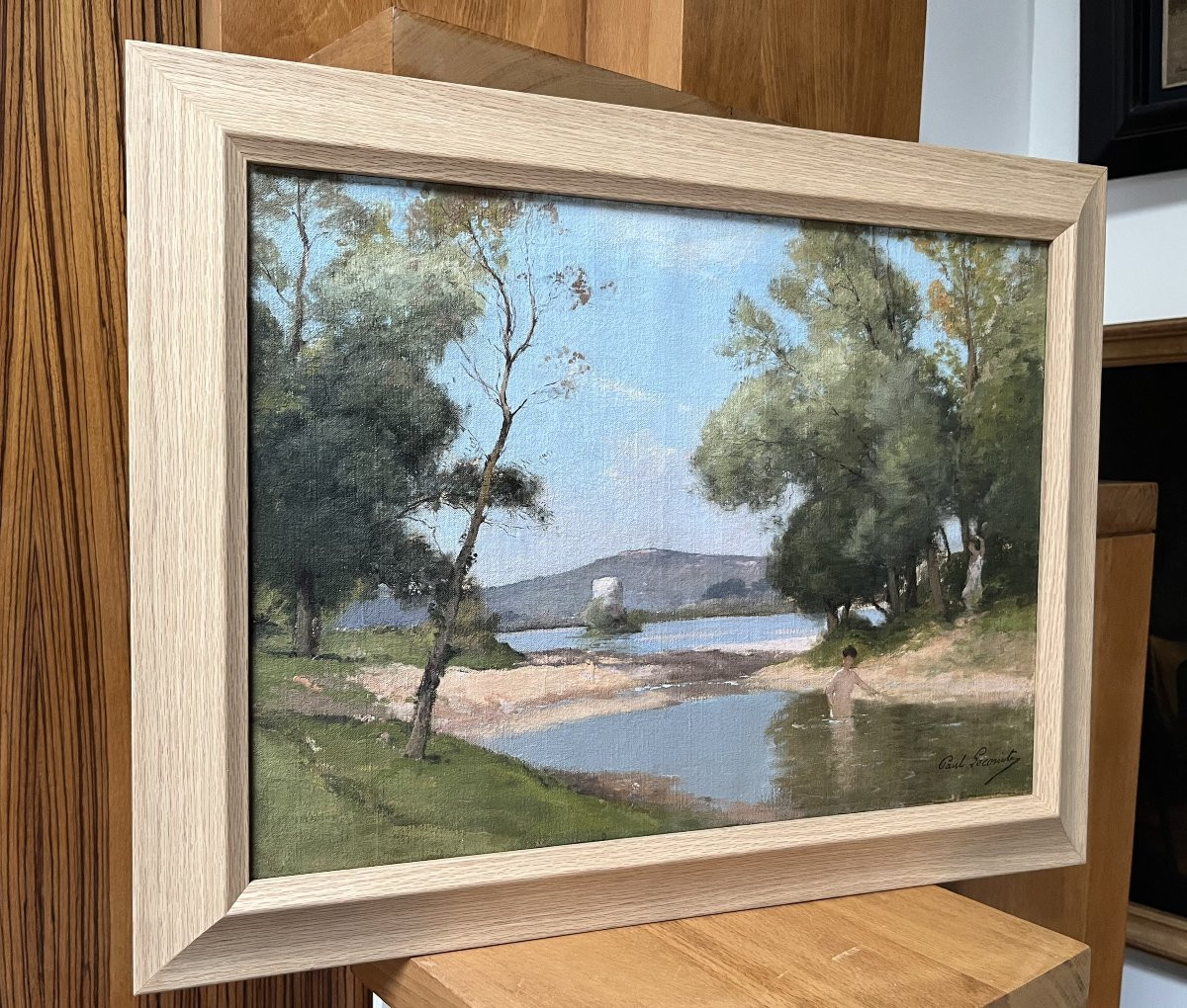 Paul Lecomte (1842-1920) Landscape With Bathers, Oil On Canvas, Signed-photo-3