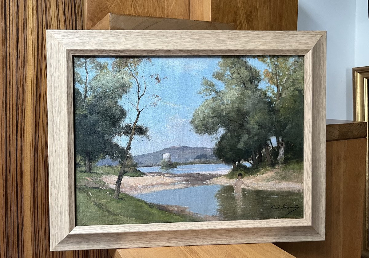 Paul Lecomte (1842-1920) Landscape With Bathers, Oil On Canvas, Signed-photo-4