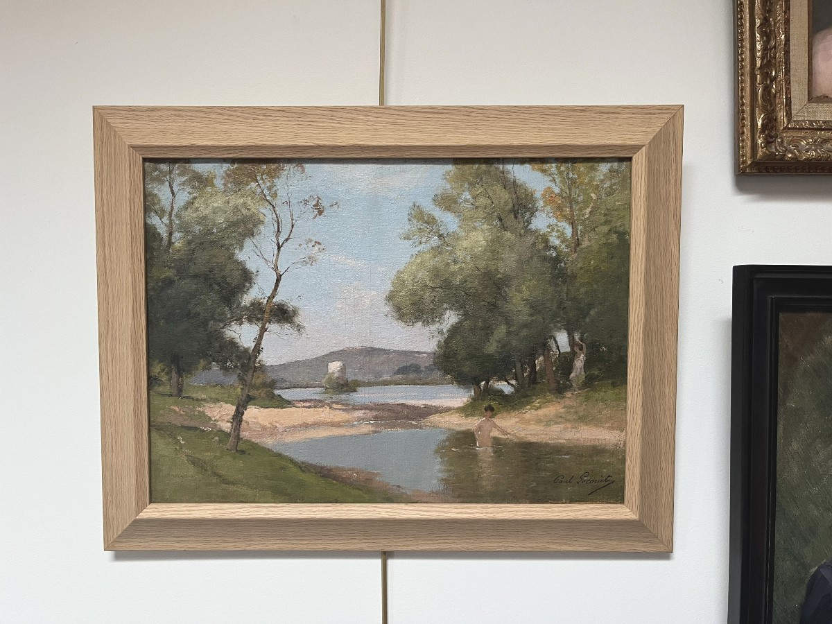 Paul Lecomte (1842-1920) Landscape With Bathers, Oil On Canvas, Signed-photo-5