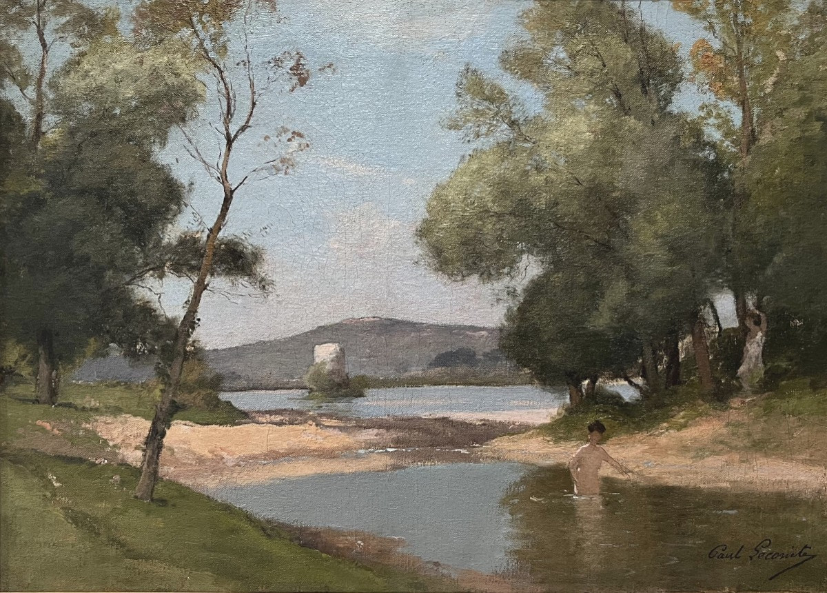 Paul Lecomte (1842-1920) Landscape With Bathers, Oil On Canvas, Signed