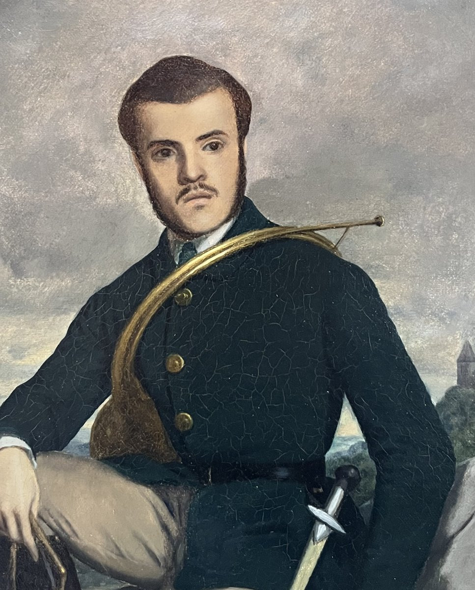 École française début XXe siècle, Portrait d'un chasseur, huile sur toile signée-photo-4