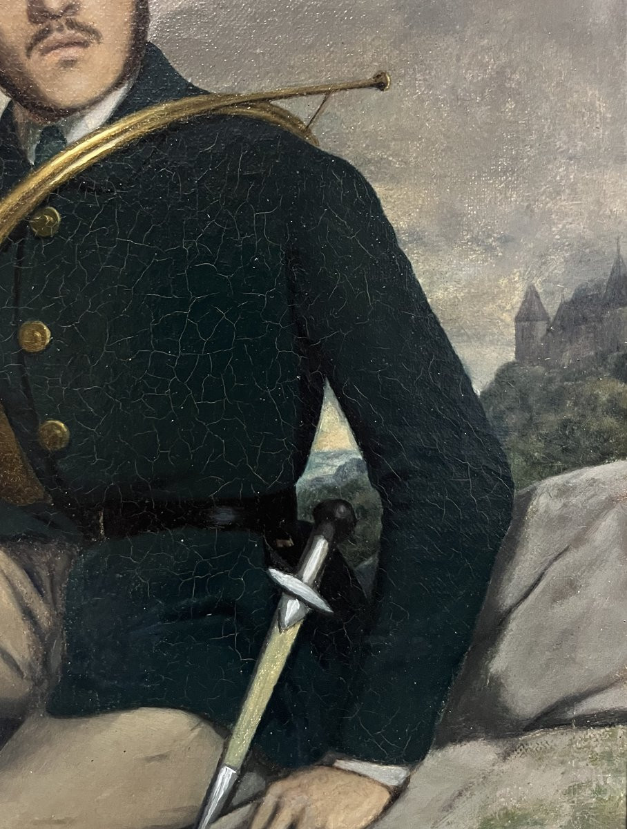 École française début XXe siècle, Portrait d'un chasseur, huile sur toile signée-photo-1