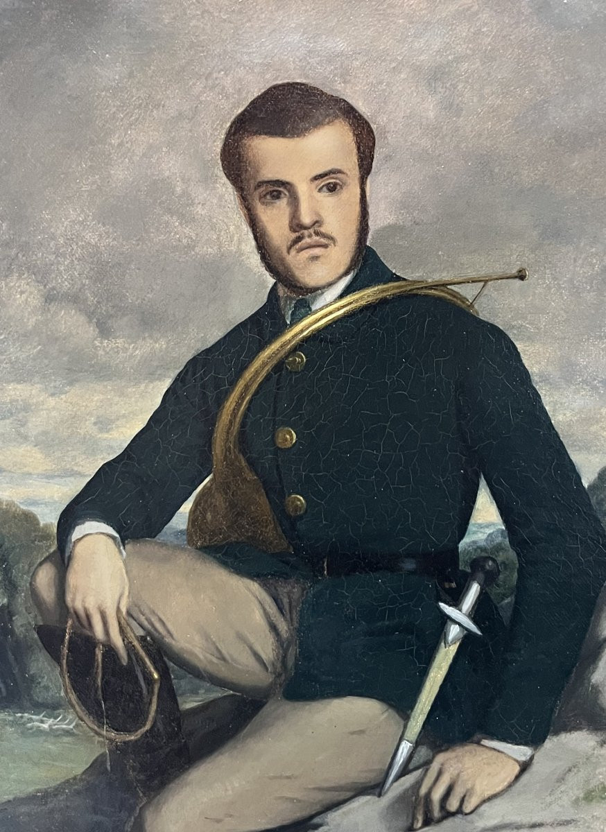 École française début XXe siècle, Portrait d'un chasseur, huile sur toile signée-photo-3