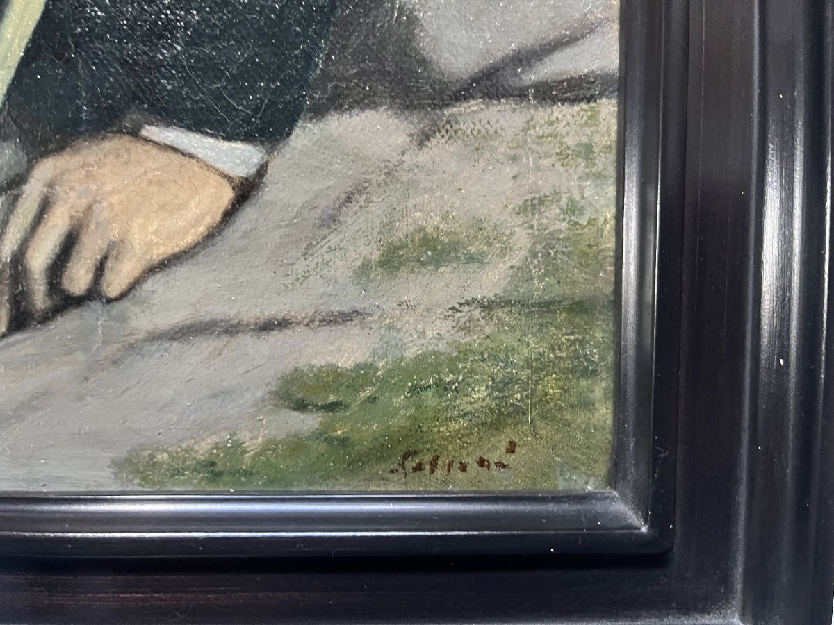 École française début XXe siècle, Portrait d'un chasseur, huile sur toile signée-photo-4