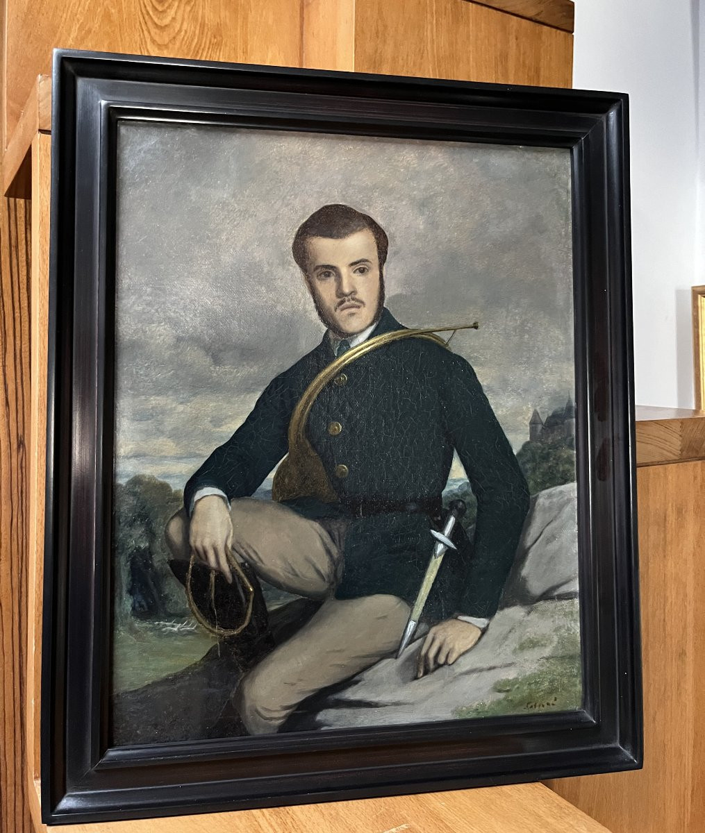 École française début XXe siècle, Portrait d'un chasseur, huile sur toile signée-photo-5