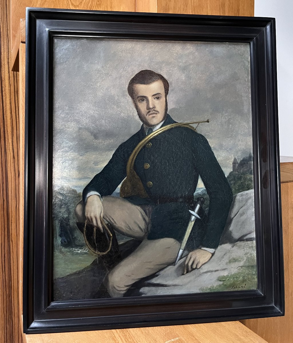 École française début XXe siècle, Portrait d'un chasseur, huile sur toile signée-photo-6
