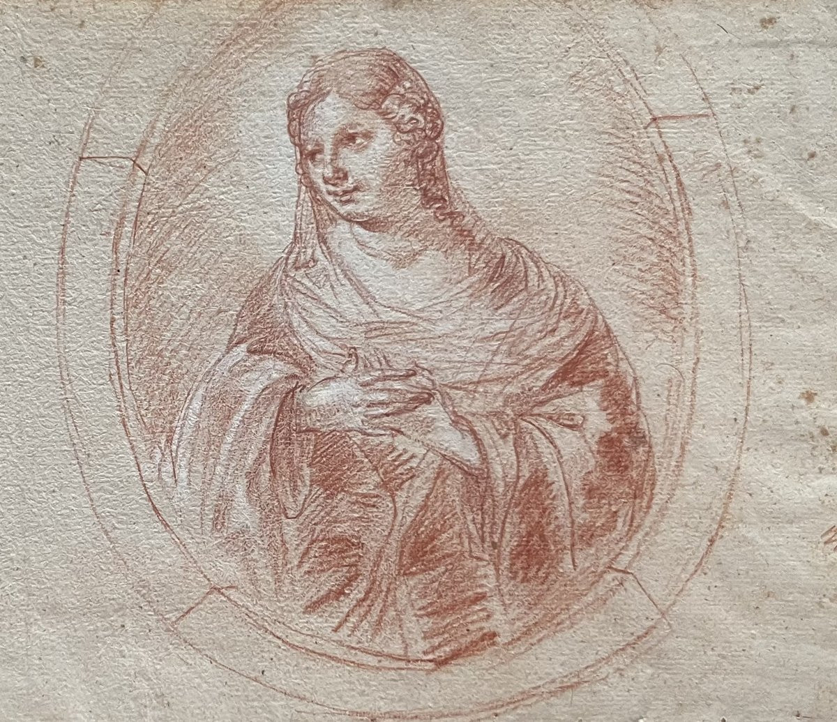 French School, 18th Century, Portrait Of A Lady In A Tondo, Red Chalk Drawing-photo-2