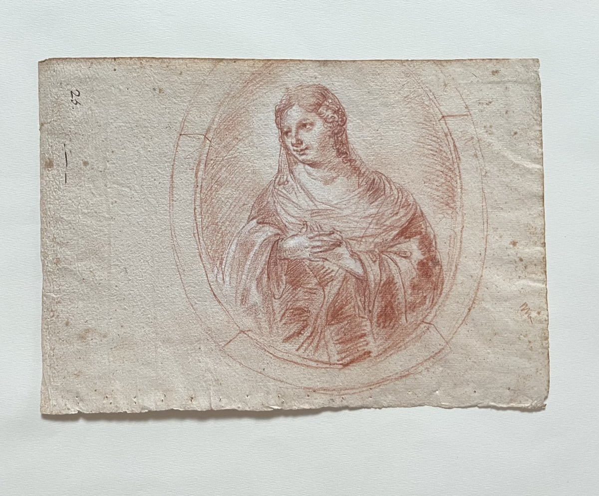 French School, 18th Century, Portrait Of A Lady In A Tondo, Red Chalk Drawing-photo-3