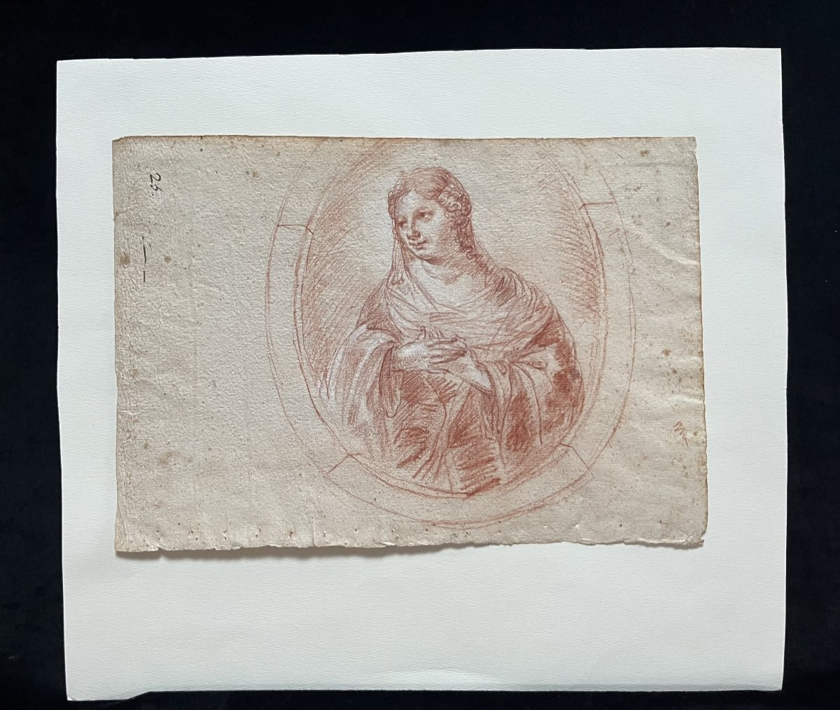 French School, 18th Century, Portrait Of A Lady In A Tondo, Red Chalk Drawing-photo-4