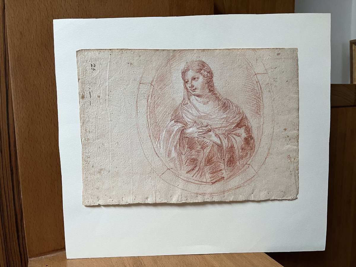 French School, 18th Century, Portrait Of A Lady In A Tondo, Red Chalk Drawing-photo-1