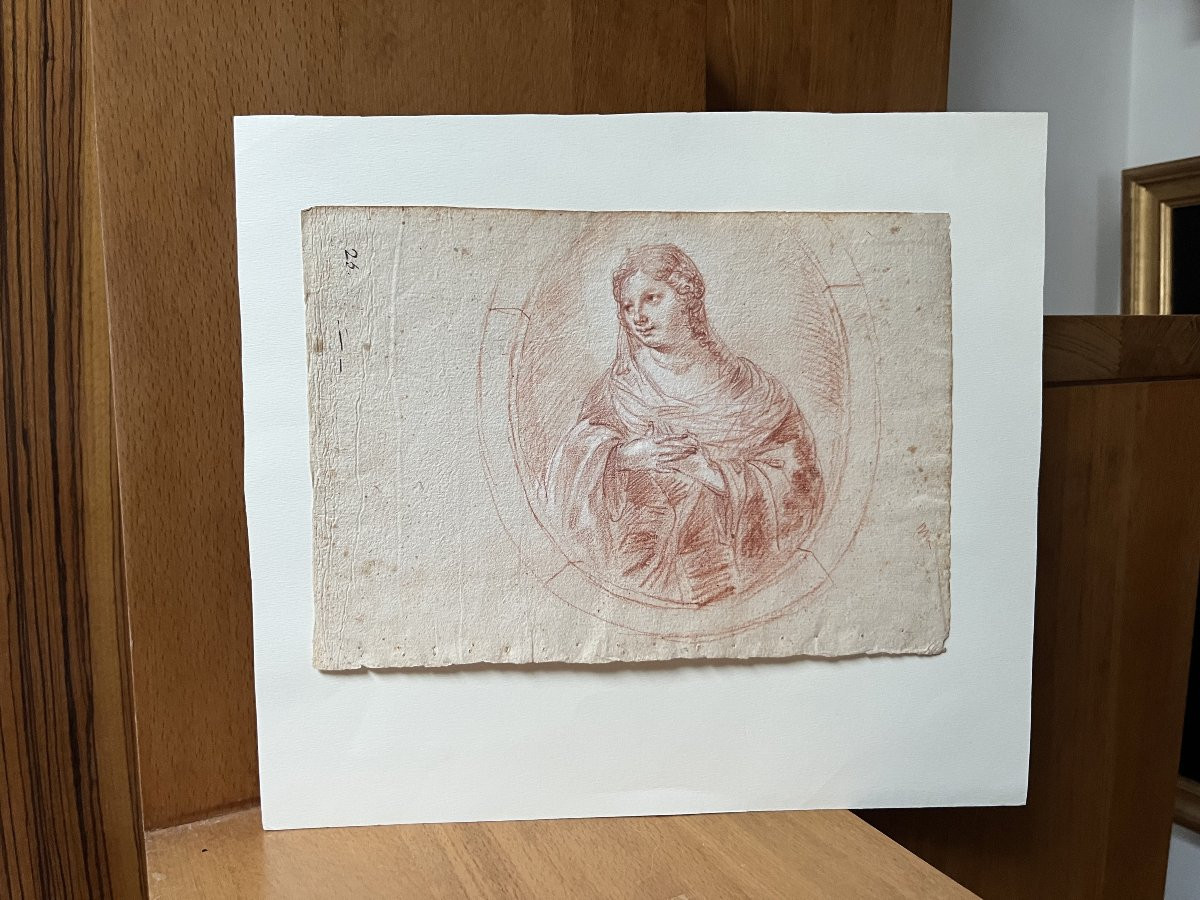 French School, 18th Century, Portrait Of A Lady In A Tondo, Red Chalk Drawing-photo-2