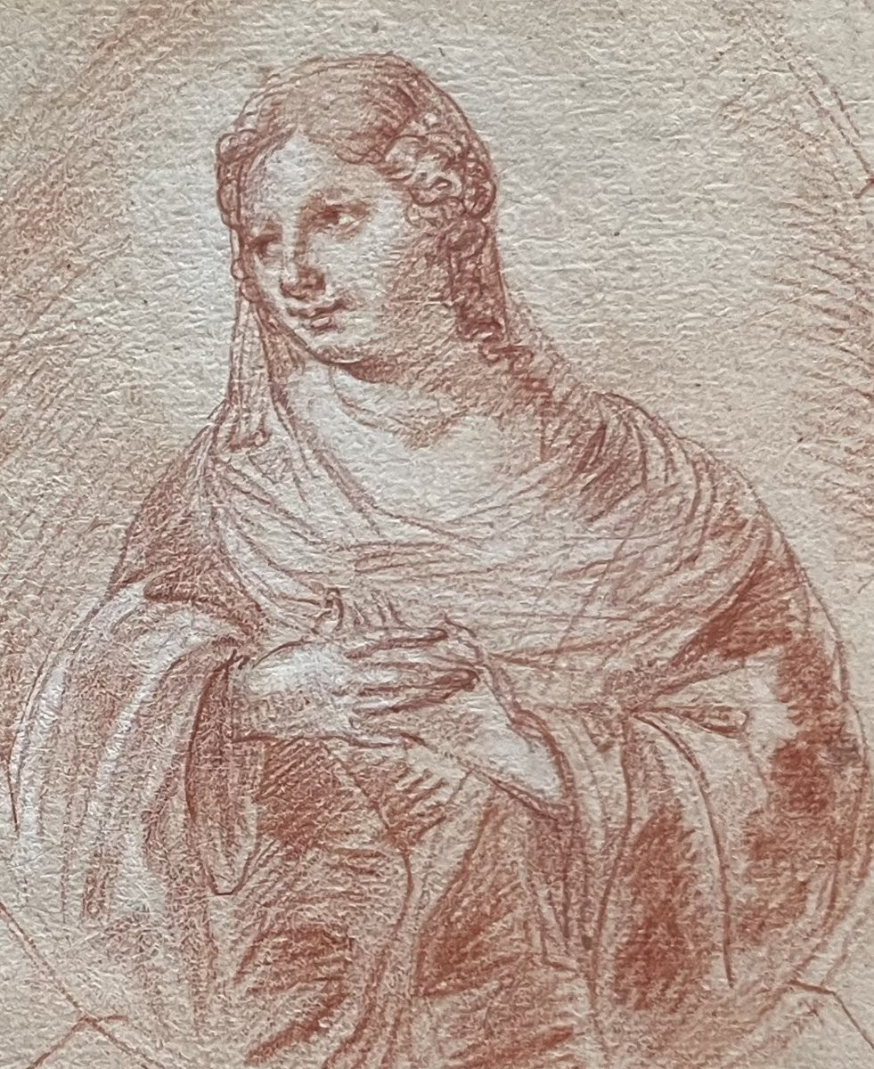 French School, 18th Century, Portrait Of A Lady In A Tondo, Red Chalk Drawing-photo-3