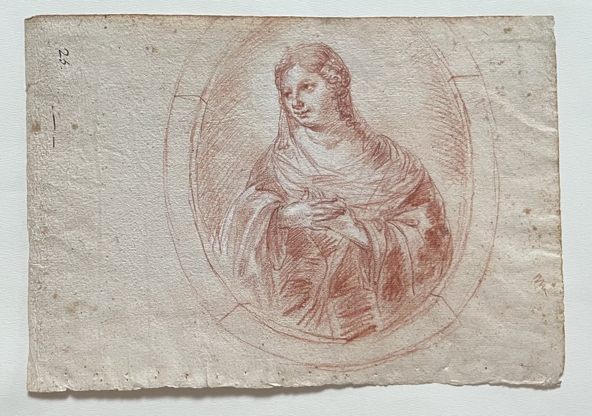 French School, 18th Century, Portrait Of A Lady In A Tondo, Red Chalk Drawing-photo-4