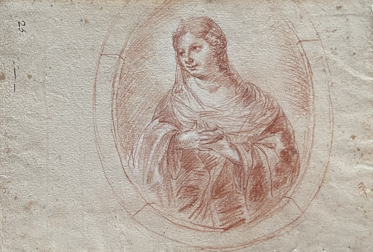 French School, 18th Century, Portrait Of A Lady In A Tondo, Red Chalk Drawing