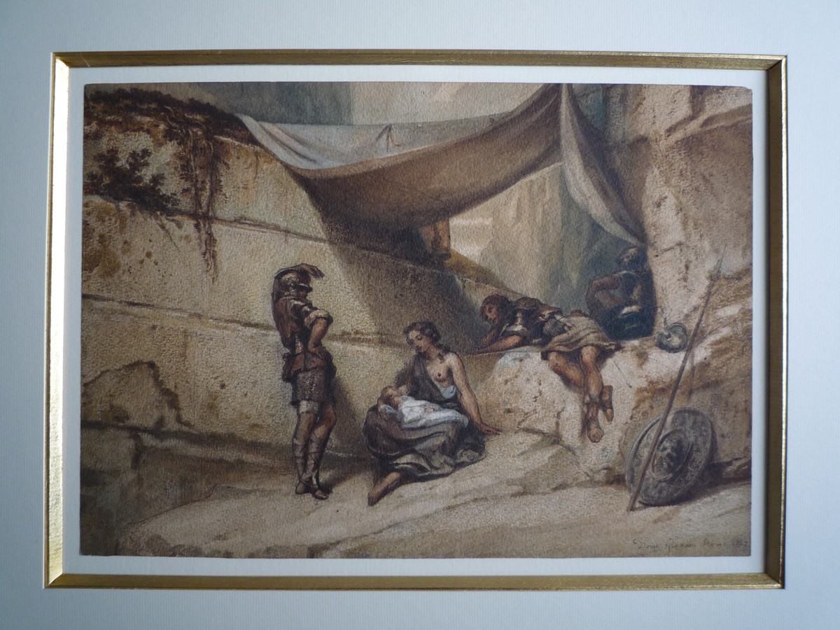 Romantic School, Woman, Child And Soldiers, Antique Scene, 1847, Watercolor -photo-2