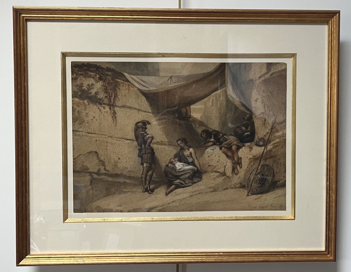 Romantic School, Woman, Child And Soldiers, Antique Scene, 1847, Watercolor -photo-1