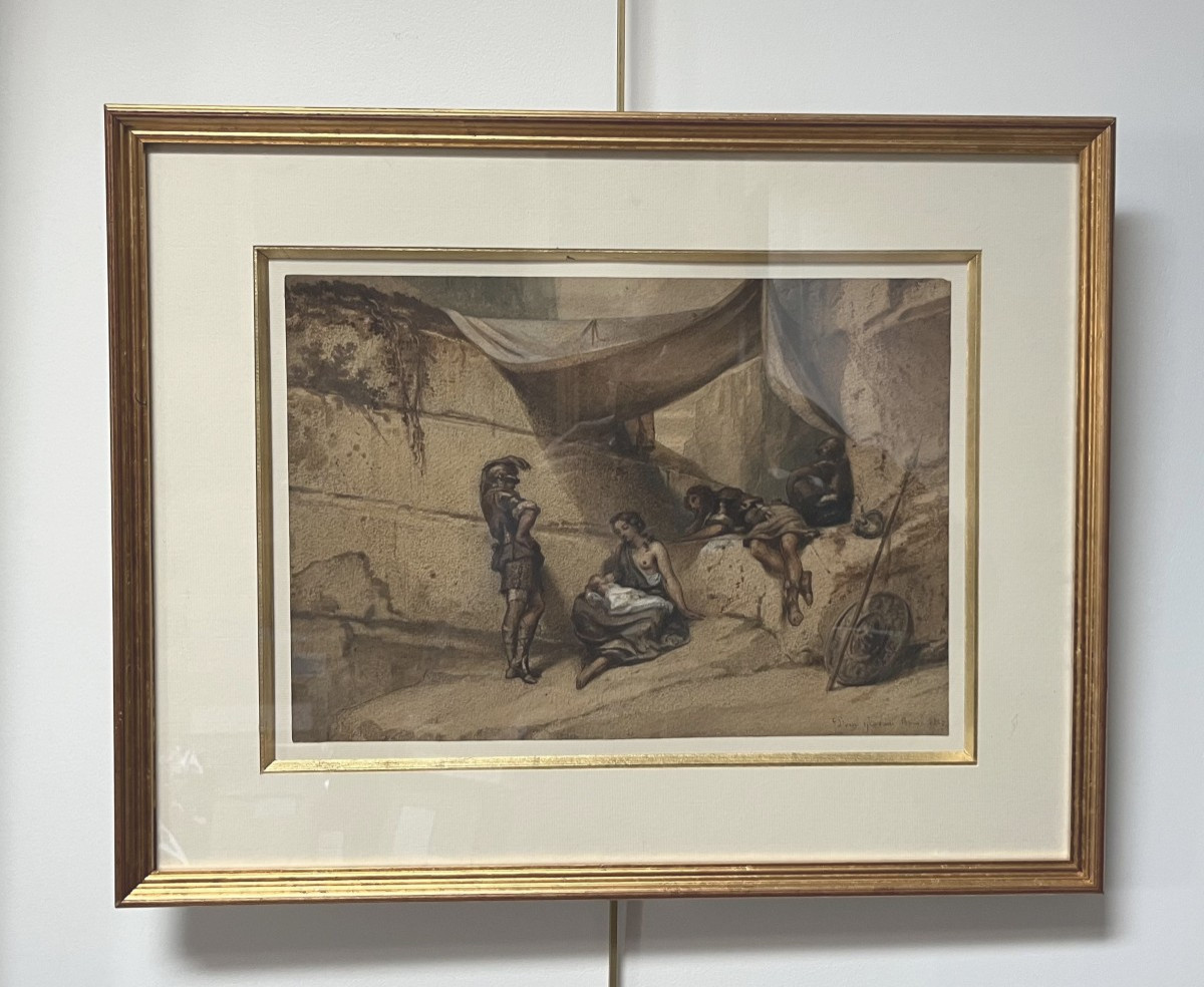 Romantic School, Woman, Child And Soldiers, Antique Scene, 1847, Watercolor -photo-2
