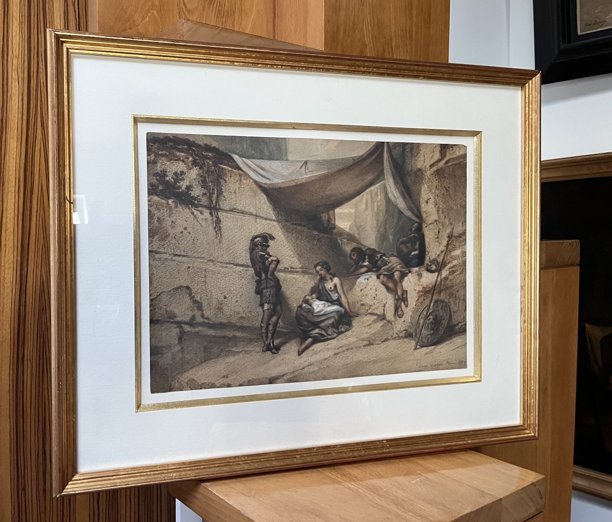 Romantic School, Woman, Child And Soldiers, Antique Scene, 1847, Watercolor -photo-3