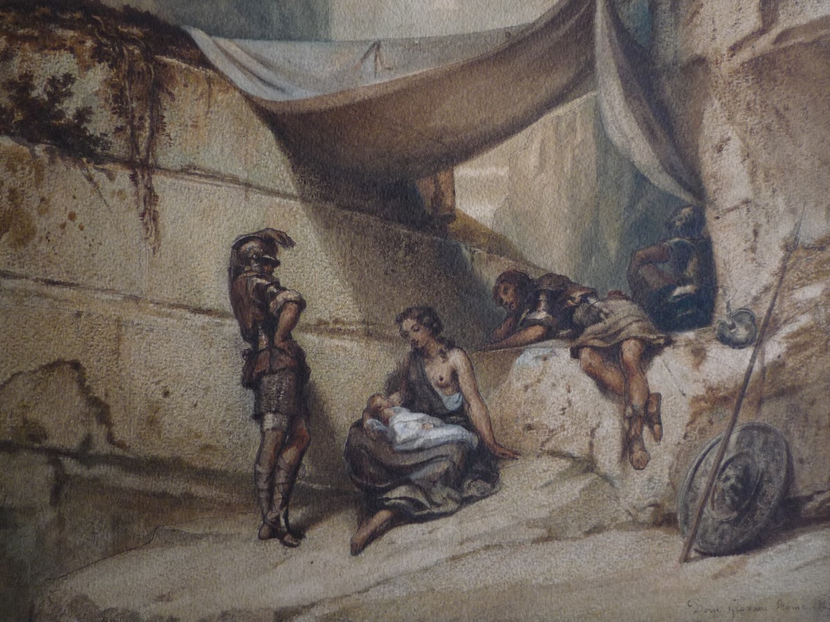 Romantic School, Woman, Child And Soldiers, Antique Scene, 1847, Watercolor 