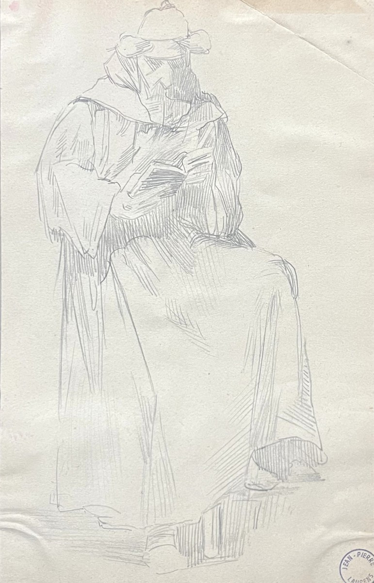 Jean-pierre Laurens (1875-1932) Monk Reading, Study, Pencil On Paper