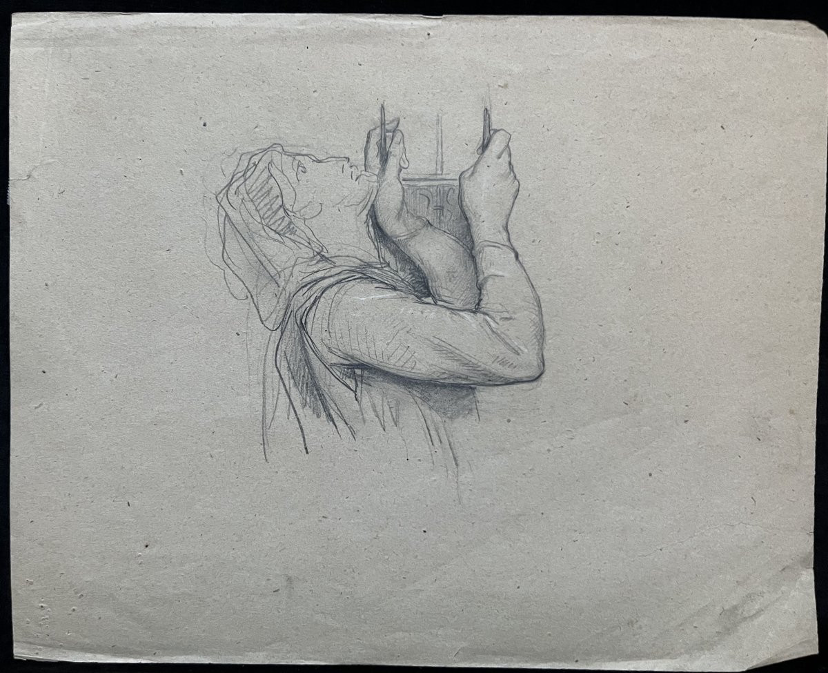 Attribué à Georges Antoine Rochegrosse (1859-1938) Etude de femme à la lyre, dessin-photo-2