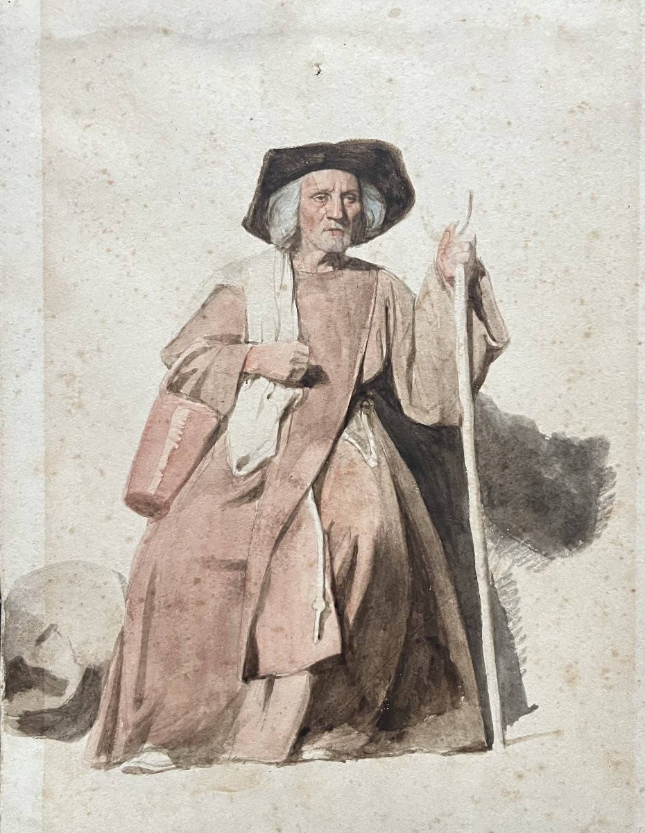 Ecole française du XIX° siècle, Un vieil homme assis, aquarelle-photo-3