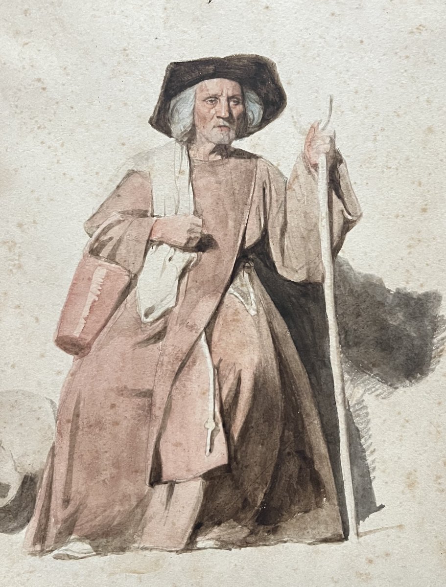 Ecole française du XIX° siècle, Un vieil homme assis, aquarelle-photo-4