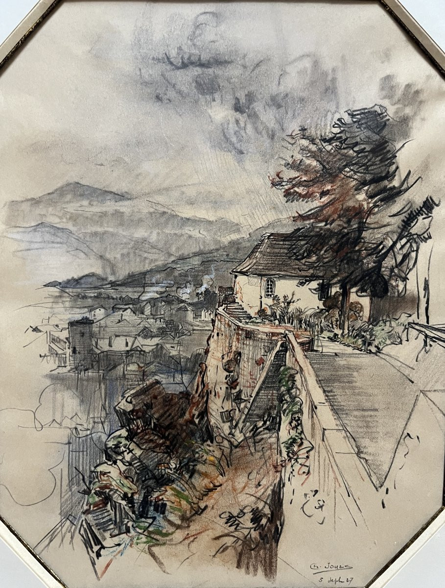 Charles Jouas (1866-1942)  Vue d'une ville depuis les hauteurs, 1927,  signé et daté-photo-4