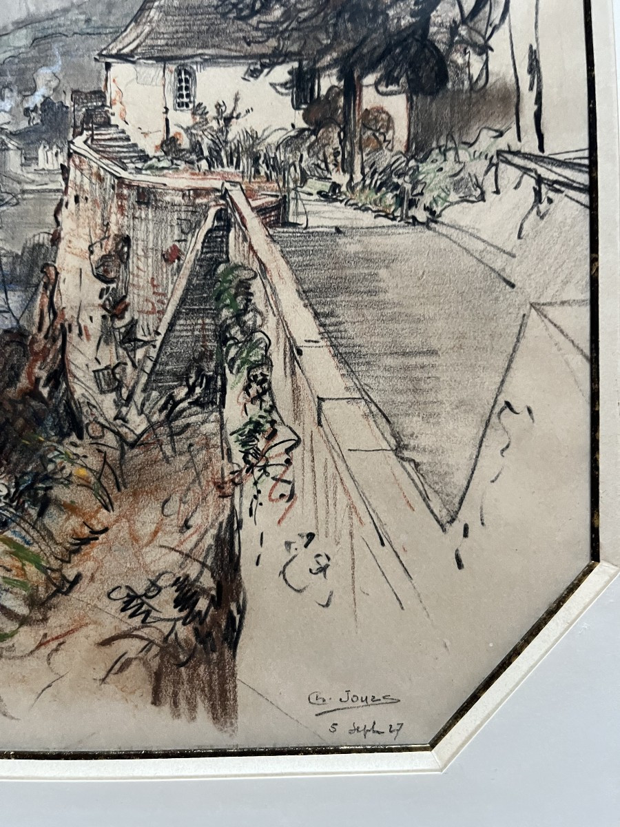 Charles Jouas (1866-1942)  Vue d'une ville depuis les hauteurs, 1927,  signé et daté-photo-1