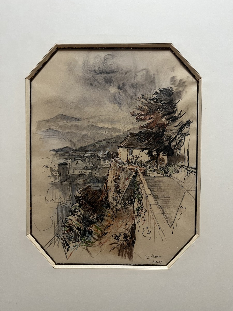 Charles Jouas (1866-1942)  Vue d'une ville depuis les hauteurs, 1927,  signé et daté-photo-2
