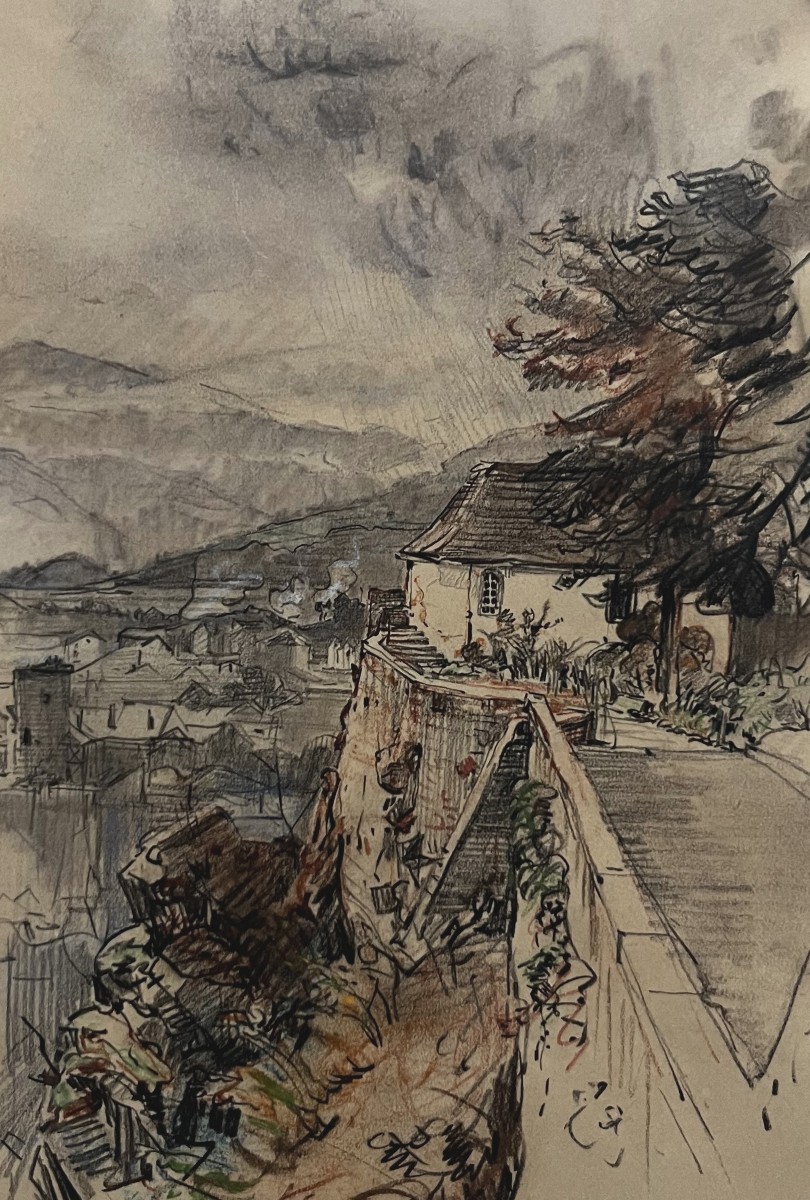 Charles Jouas (1866-1942)  Vue d'une ville depuis les hauteurs, 1927,  signé et daté-photo-3