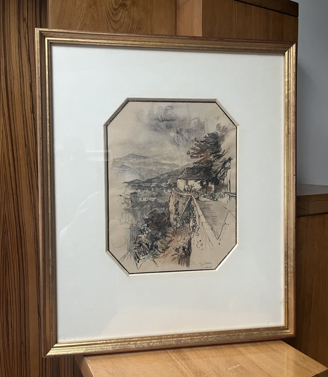 Charles Jouas (1866-1942)  Vue d'une ville depuis les hauteurs, 1927,  signé et daté-photo-5