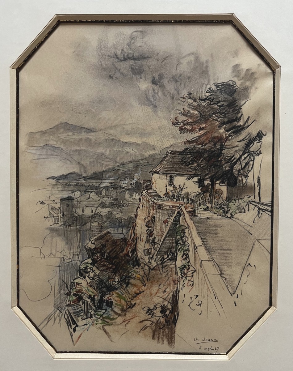 Charles Jouas (1866-1942)  Vue d'une ville depuis les hauteurs, 1927,  signé et daté
