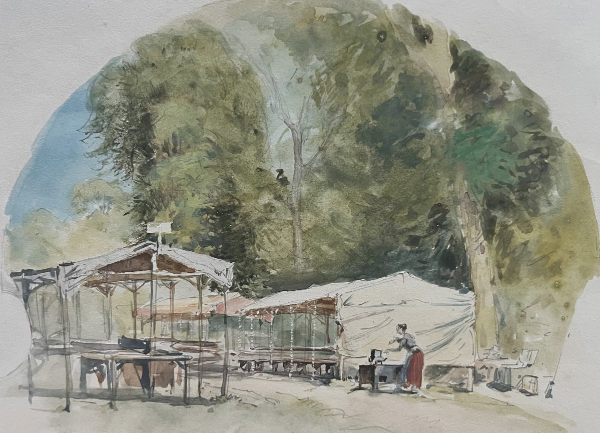 Charles Jouas (1866-1942) The Setting Up Of The Tents, Signed Watercolor-photo-2