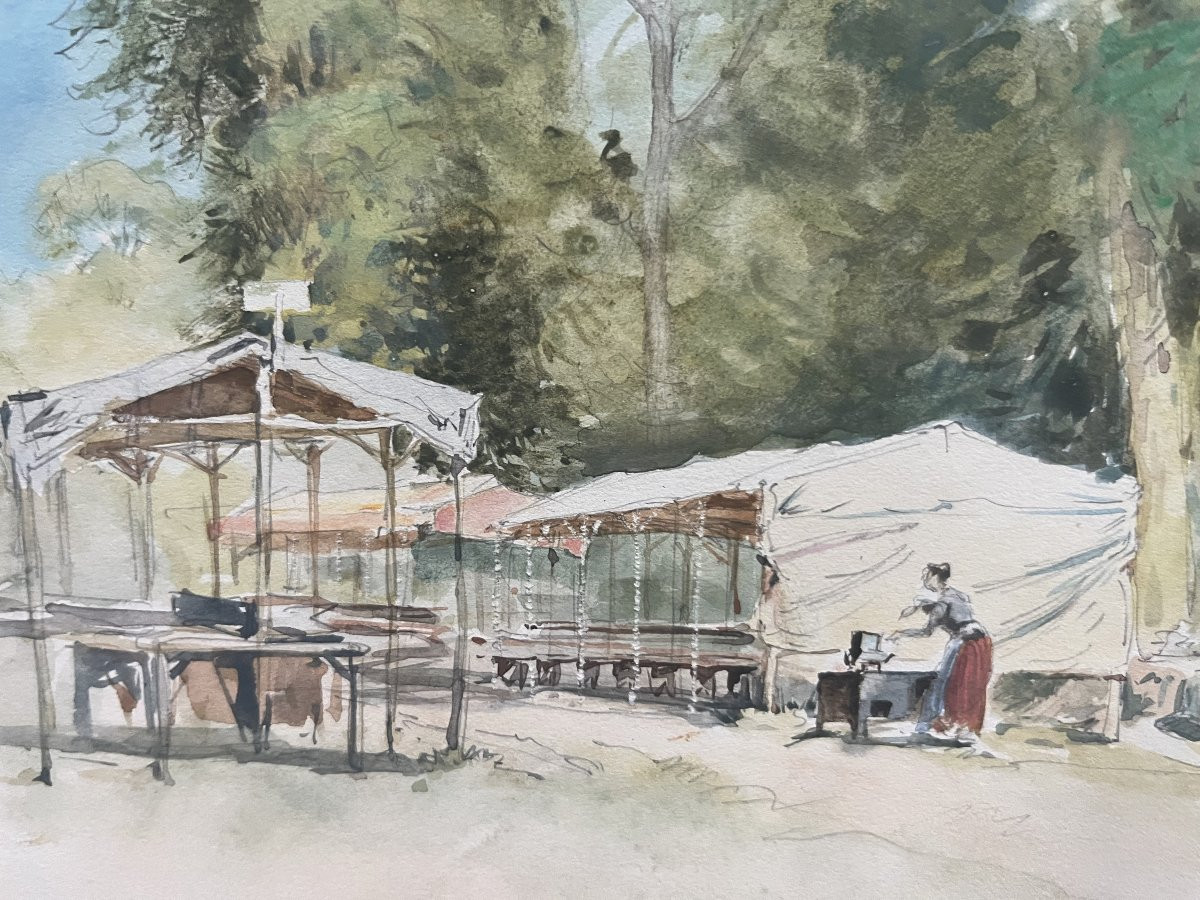 Charles Jouas (1866-1942) The Setting Up Of The Tents, Signed Watercolor-photo-3