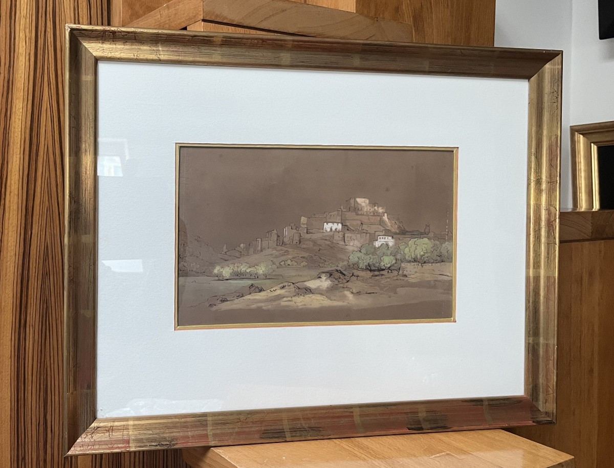 Ecole française du XIX° siècle, Paysage à la citadelle, aquarelle et encre sur papier-photo-2
