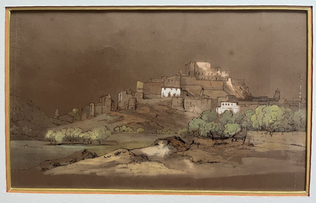 Ecole française du XIX° siècle, Paysage à la citadelle, aquarelle et encre sur papier-photo-3