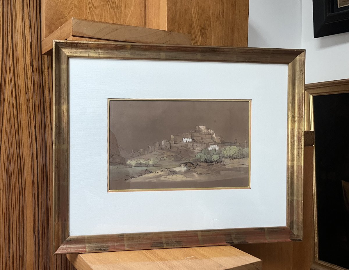 Ecole française du XIX° siècle, Paysage à la citadelle, aquarelle et encre sur papier-photo-3