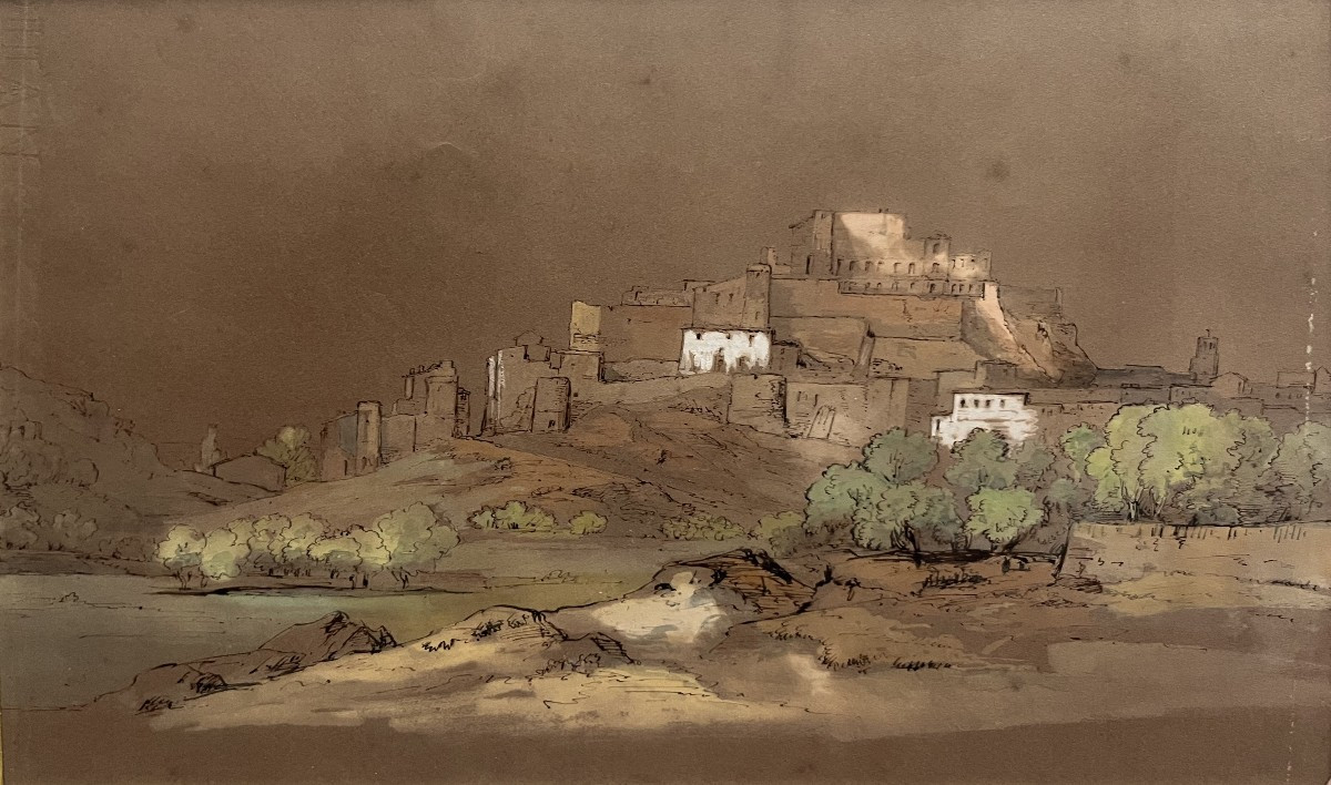 Ecole française du XIX° siècle, Paysage à la citadelle, aquarelle et encre sur papier