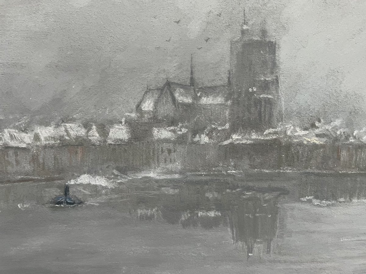 Siebe Johannes Ten Cate (1858-1908) Dordrecht Under The Snow,  Signed Pastel-photo-4