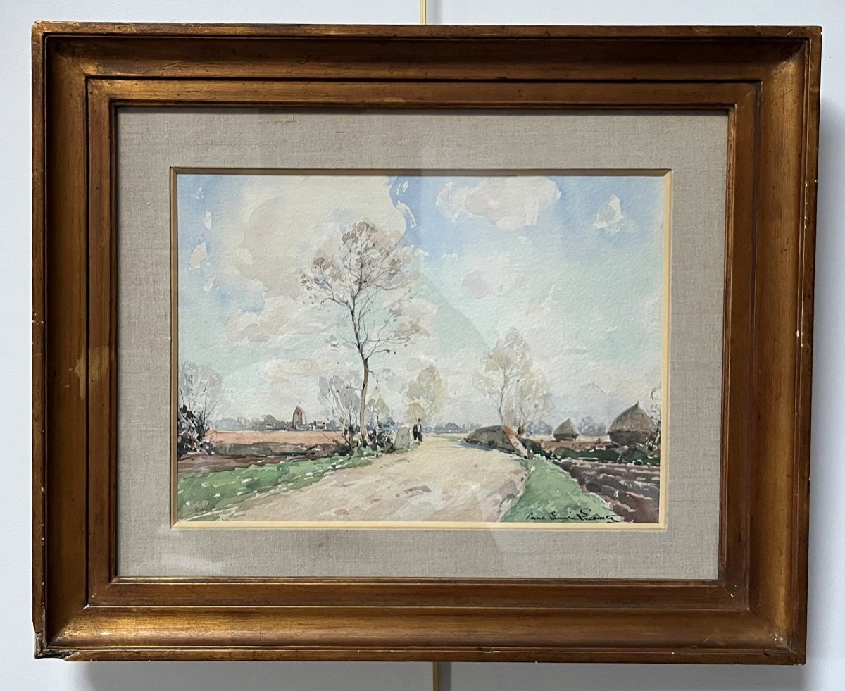 Paul Emile Lecomte (1877-1950) Un promeneur sur une route de campagne, aquarelle signée-photo-2