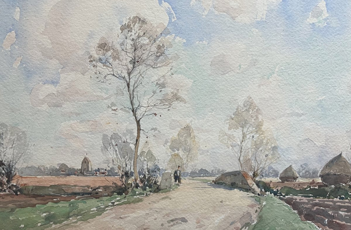 Paul Emile Lecomte (1877-1950) Un promeneur sur une route de campagne, aquarelle signée-photo-1