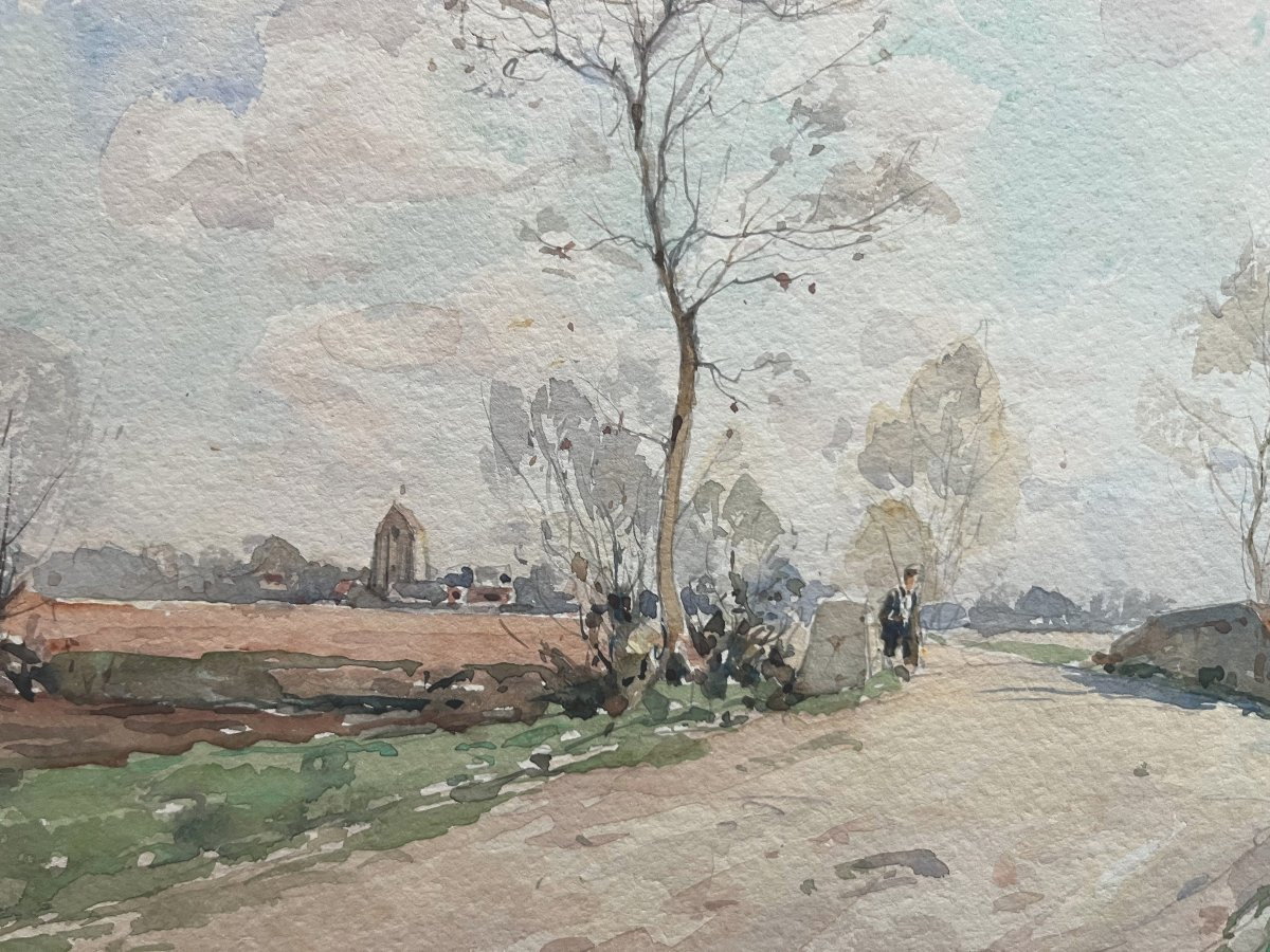 Paul Emile Lecomte (1877-1950) Un promeneur sur une route de campagne, aquarelle signée-photo-2