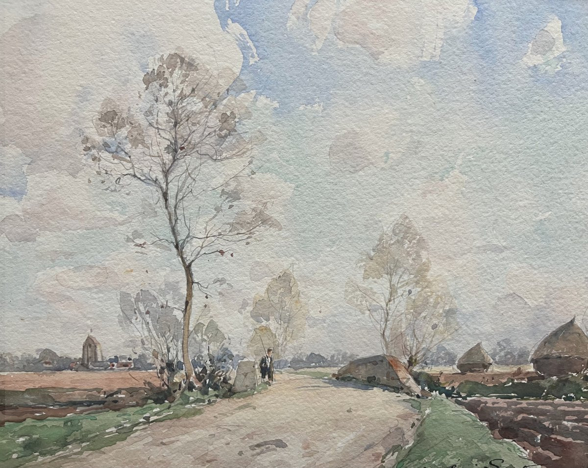 Paul Emile Lecomte (1877-1950) Un promeneur sur une route de campagne, aquarelle signée-photo-3