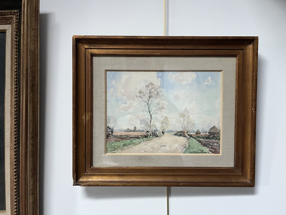 Paul Emile Lecomte (1877-1950) Un promeneur sur une route de campagne, aquarelle signée-photo-5