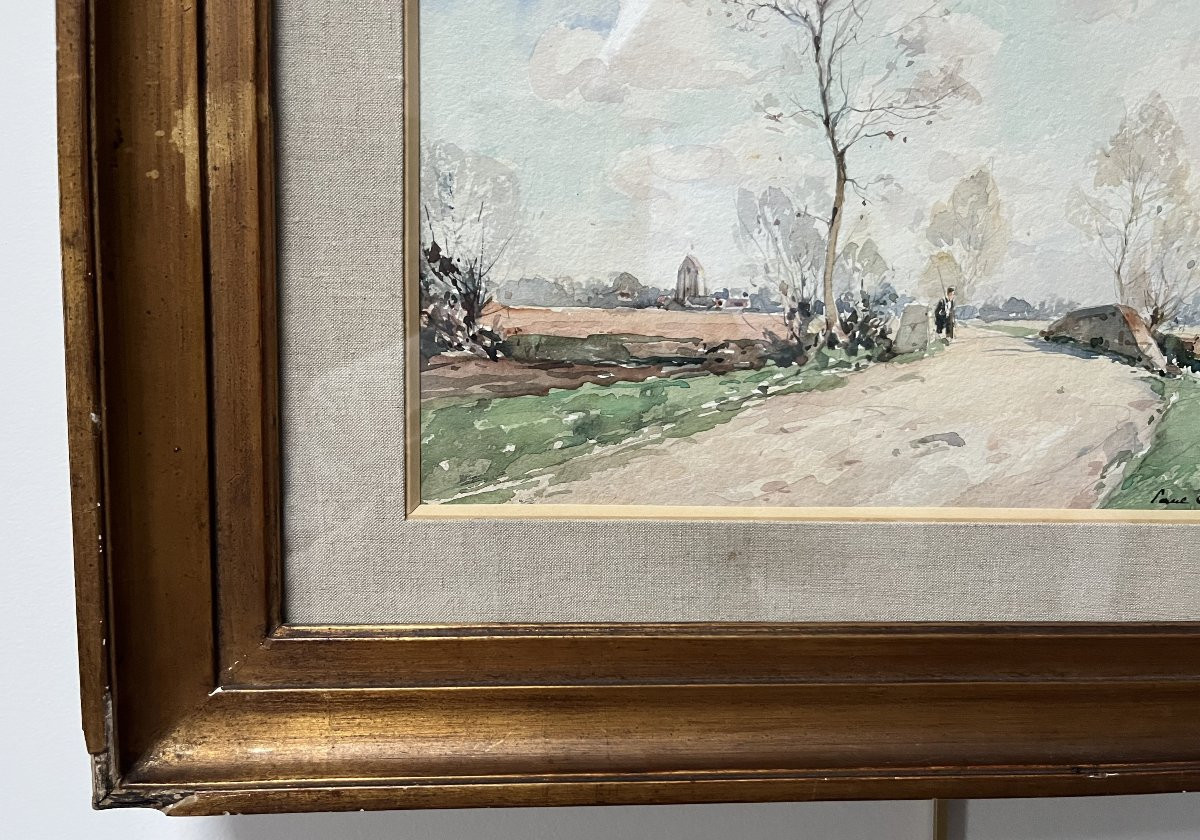 Paul Emile Lecomte (1877-1950) Un promeneur sur une route de campagne, aquarelle signée-photo-6